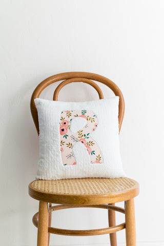 first letter pillow pink watercolor flower